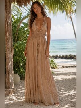 Boho Halter Maxi Dress in Taupe